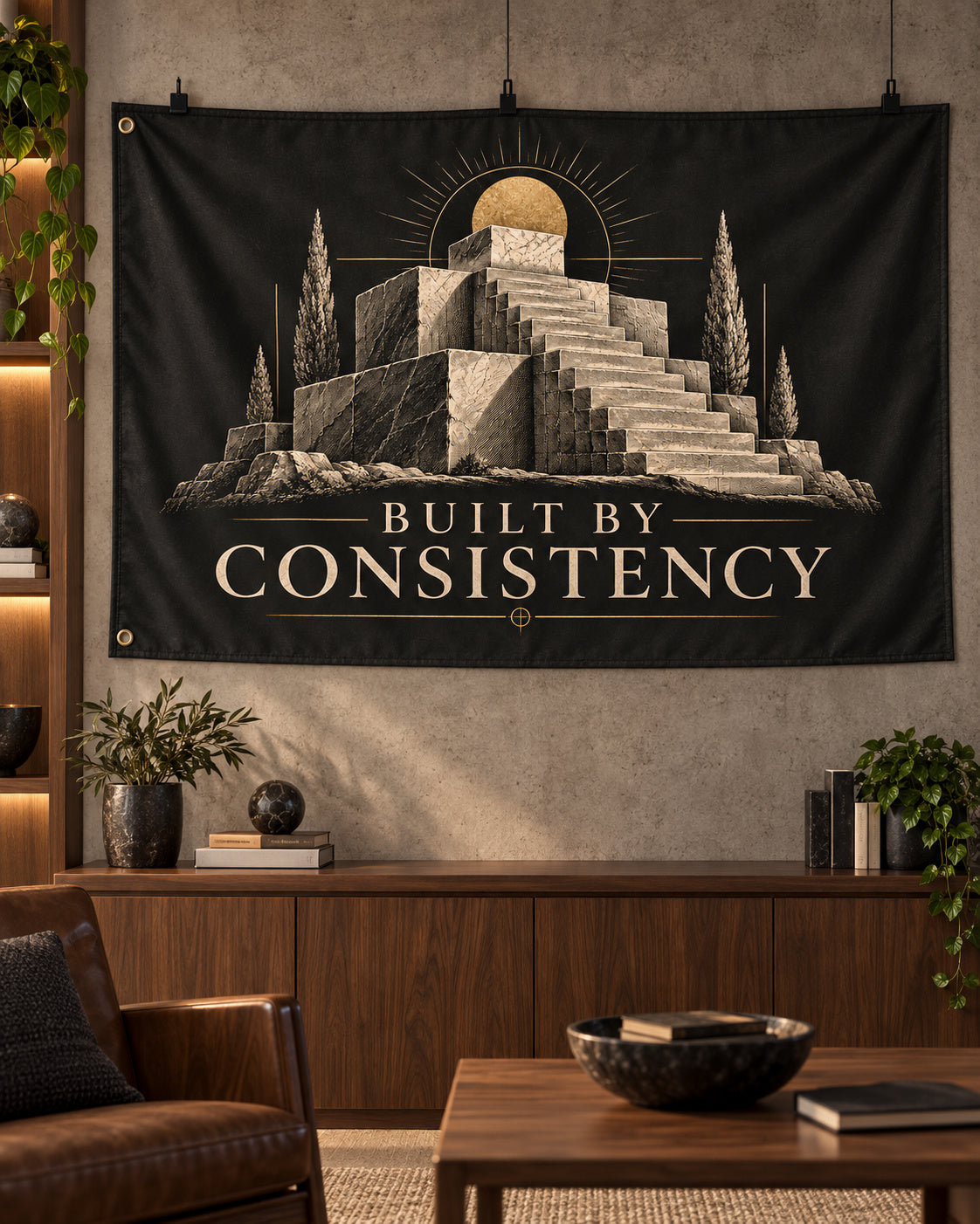 Built By Consistency Banner displayed in a styled interior; illustrative mockup.