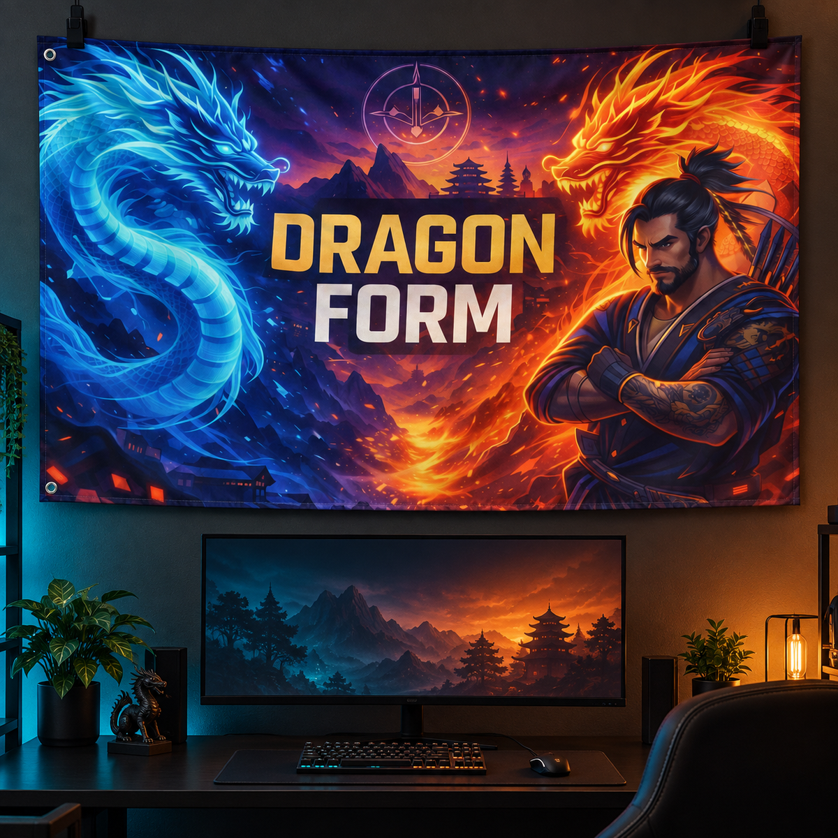 Dragon Form Banner in a styled gaming room, with two grommets along the left short edge; illustrative mockup. Display clips and room props not included.