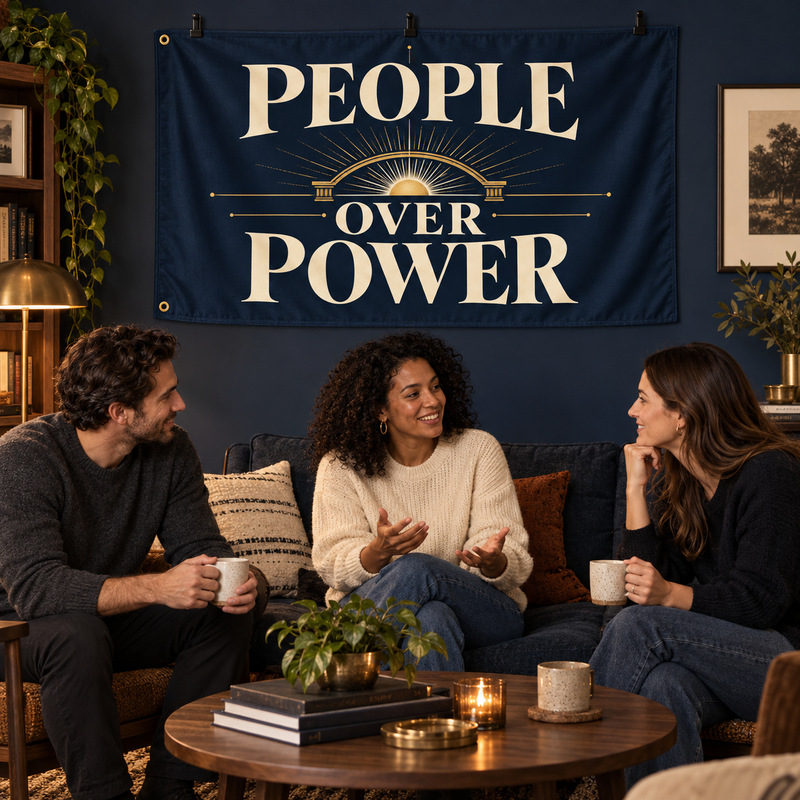 People Over Power banner above friends sharing coffee; illustrative lifestyle scene showing two grommets.