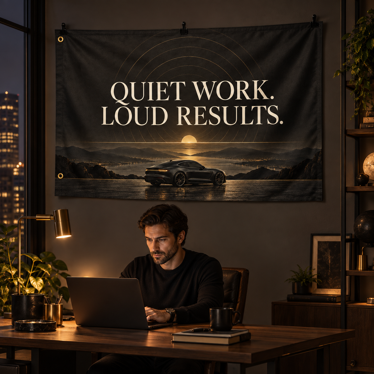 Quiet Work. Loud Results Banner in a styled lifestyle setting, with two grommets on one short edge; illustrative mockup.