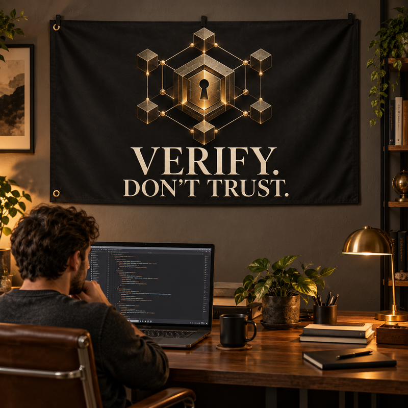 Verify. Don't Trust Banner in a styled lifestyle setting, with two grommets on one short edge; illustrative mockup.