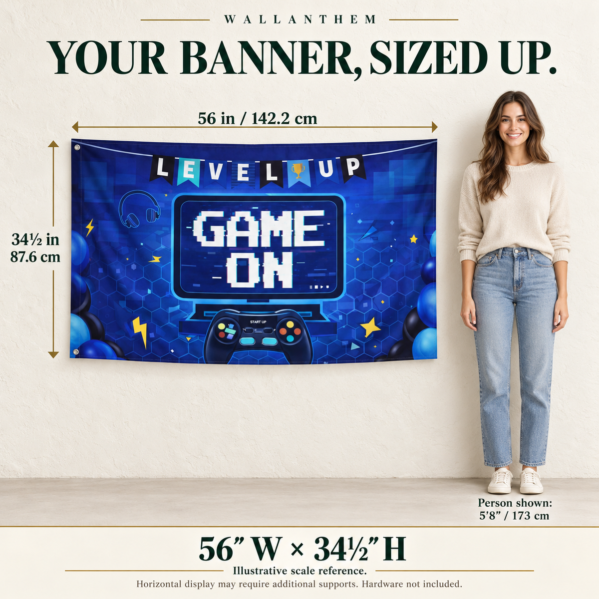 Wallanthem banner size guide: horizontal banner 56 inches wide by 34.5 inches tall beside a 5 foot 8 inch person for illustrative scale.