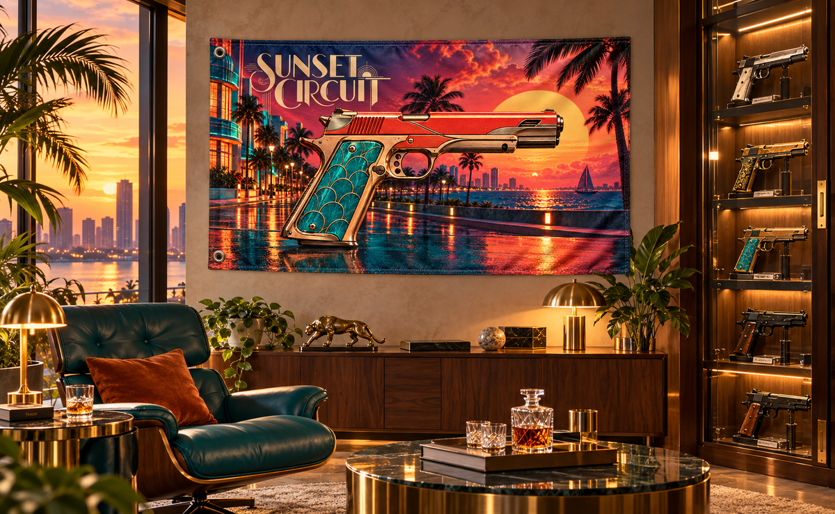 Sunset Circuit Banner in a premium Miami-inspired collector room