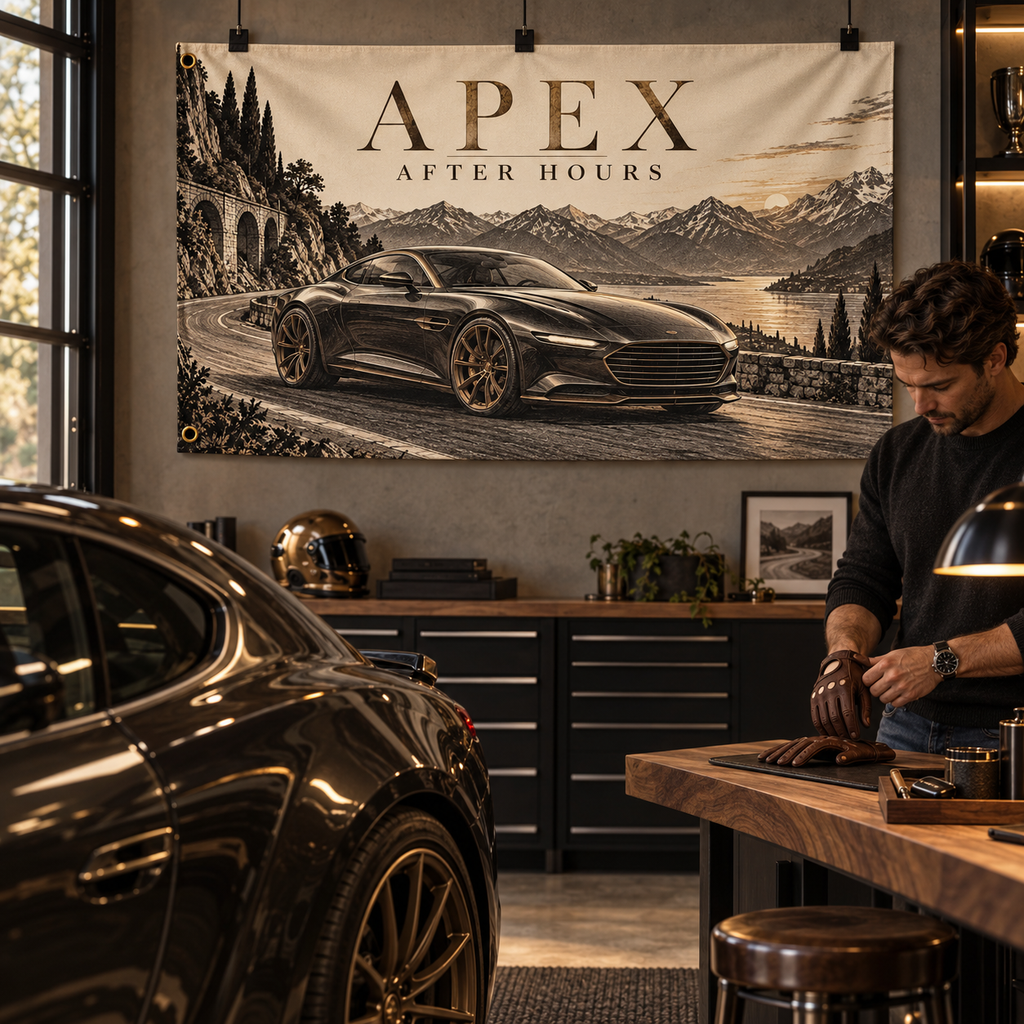 Apex After Hours Banner in a styled lifestyle setting, with two grommets on one short edge; illustrative mockup.