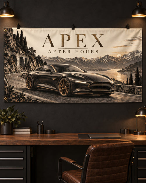 Apex After Hours Banner displayed in a styled interior; illustrative mockup.