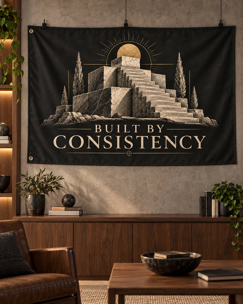 Built By Consistency Banner displayed in a styled interior; illustrative mockup.