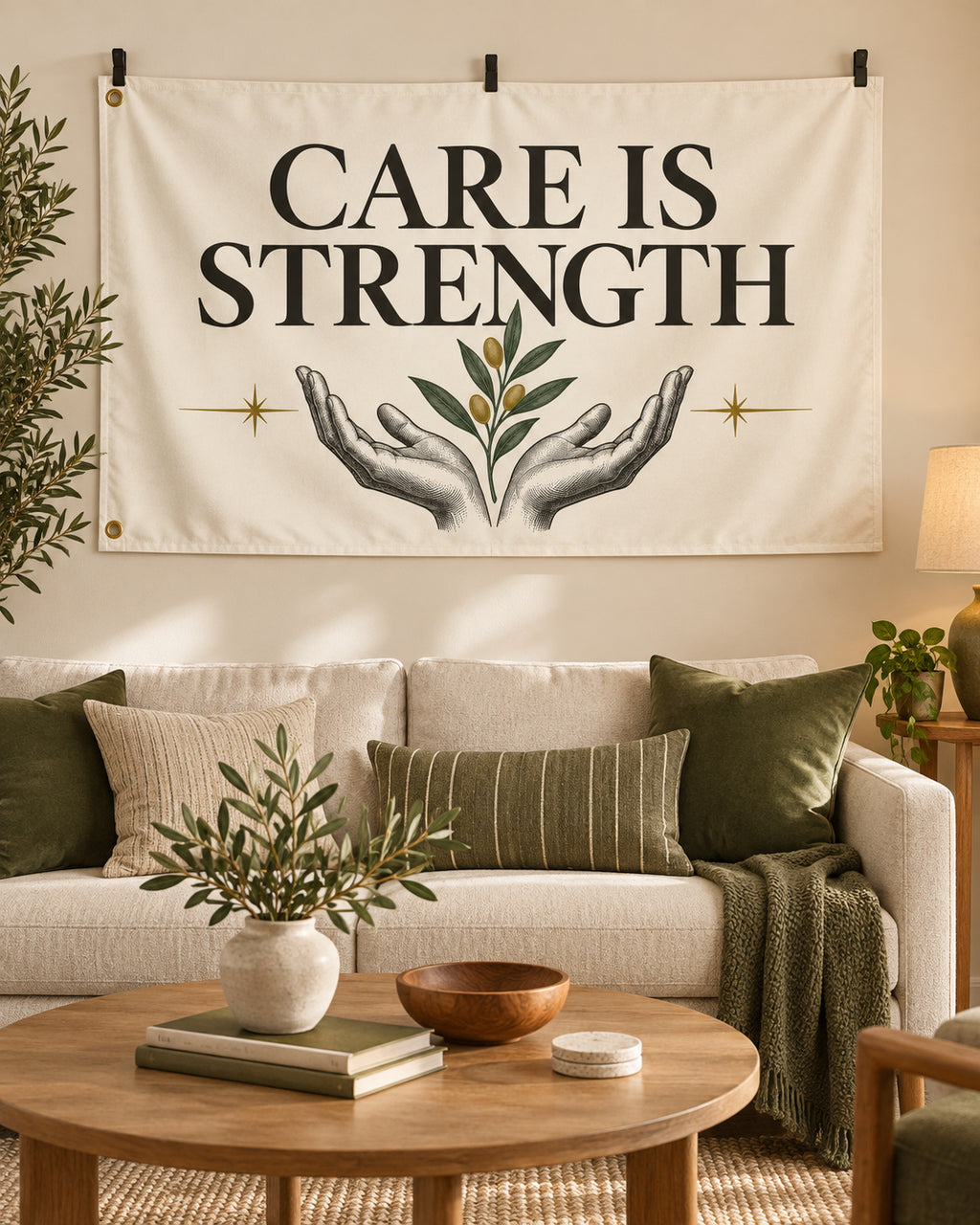 Care Is Strength Banner displayed in a styled interior; illustrative mockup.