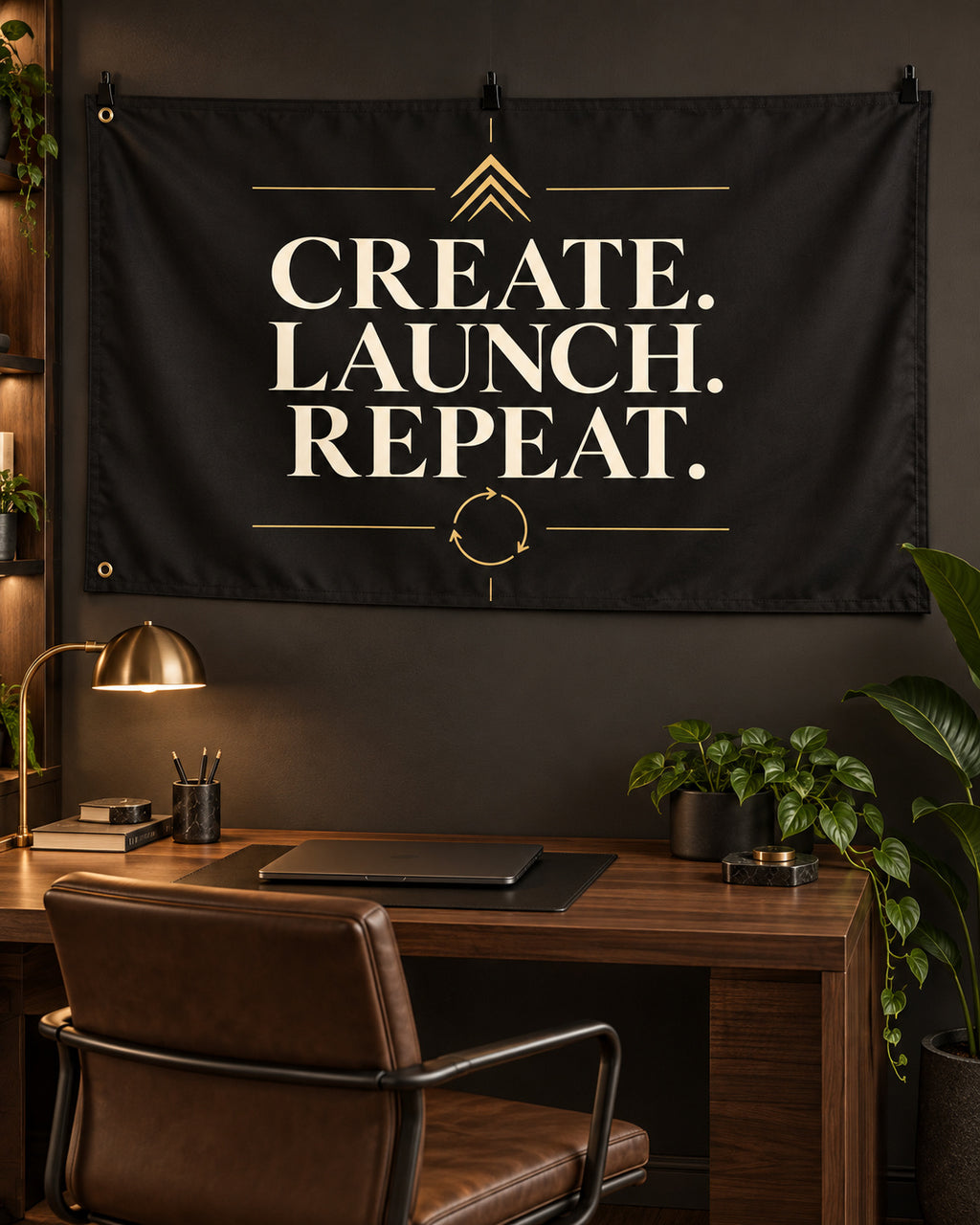 Create. Launch. Repeat Banner displayed in a styled interior; illustrative mockup.