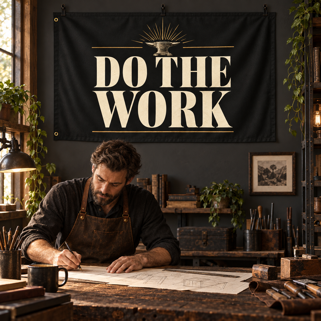 Do The Work Banner in a styled lifestyle setting, with two grommets on one short edge; illustrative mockup.