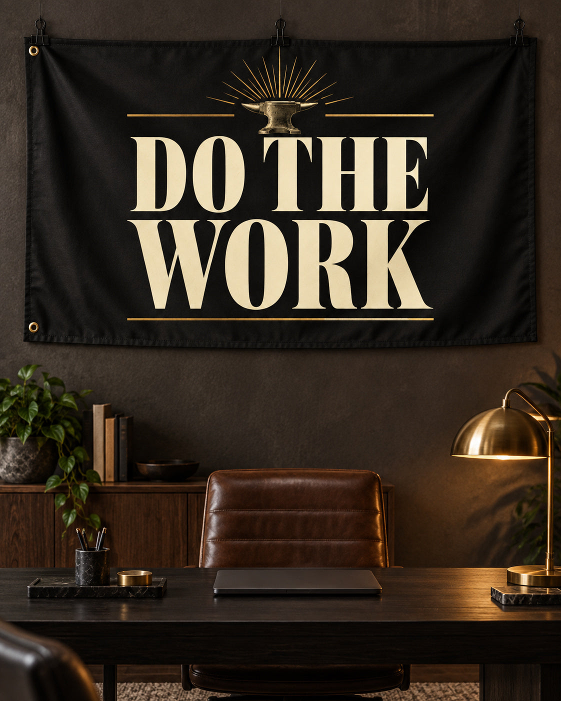 Do The Work Banner displayed in a styled interior; illustrative mockup.