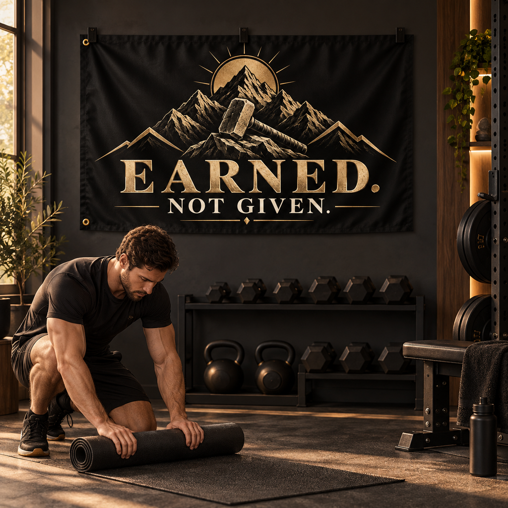 Earned. Not Given Banner in a styled lifestyle setting, with two grommets on one short edge; illustrative mockup.