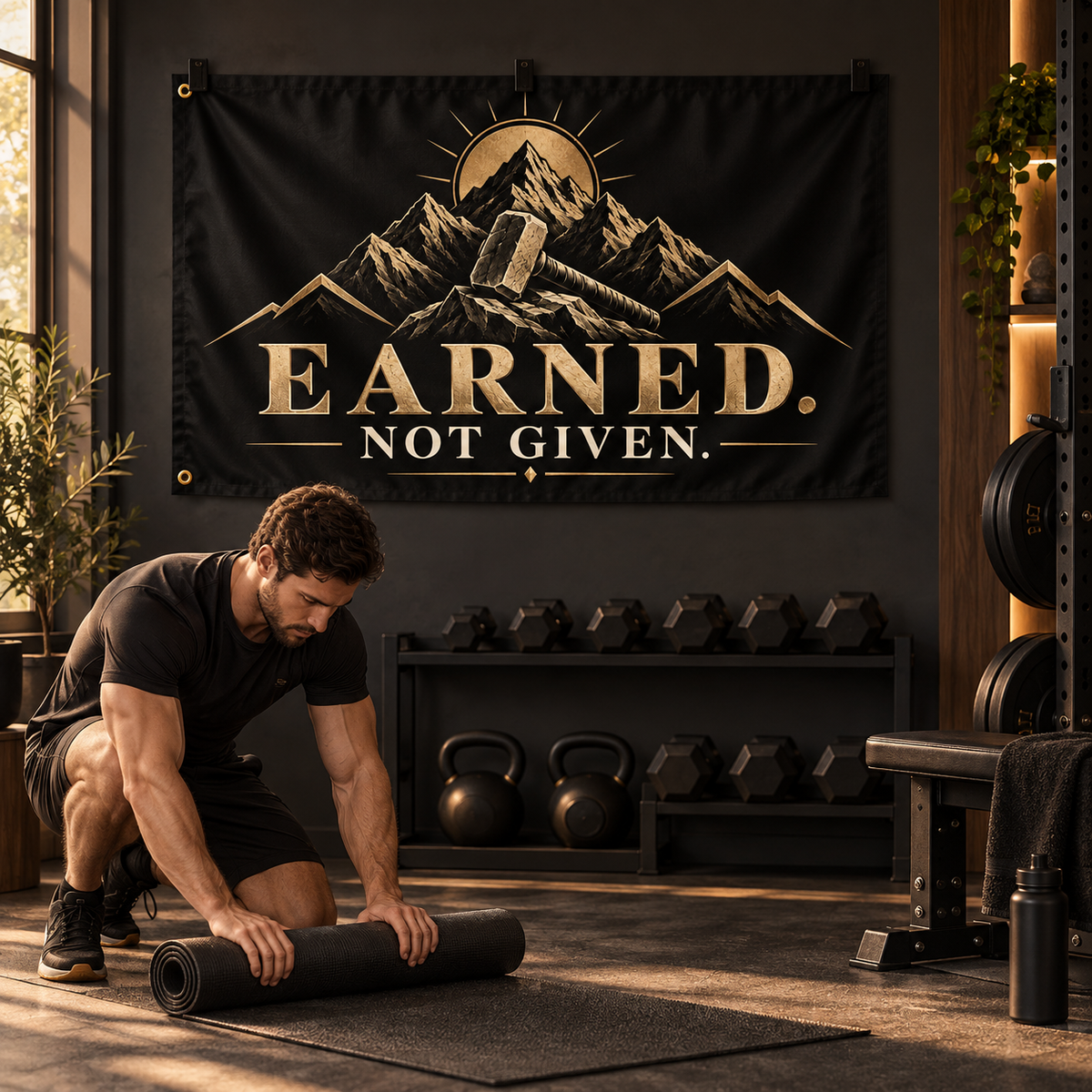 Earned. Not Given Banner in a styled lifestyle setting, with two grommets on one short edge; illustrative mockup.