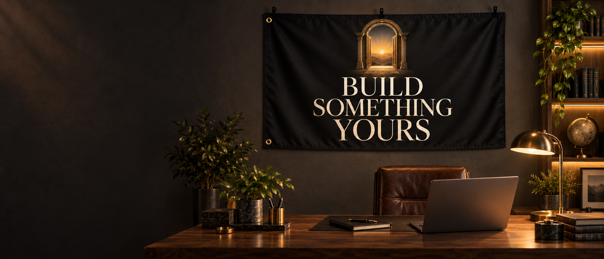 Build Something Yours banner above a walnut desk; styled mockup.