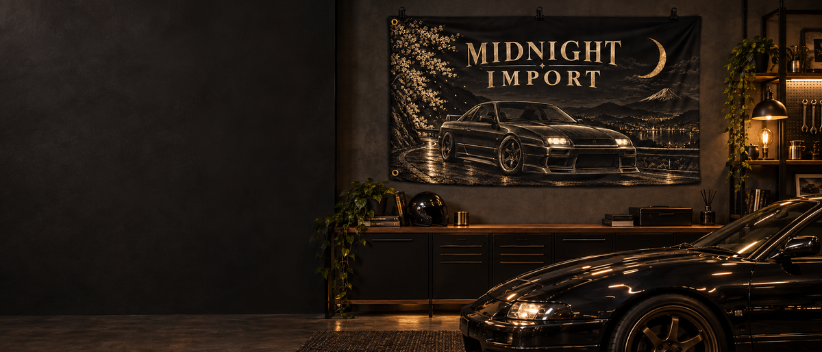 Midnight Import banner in a warm, dark garage lounge; styled mockup.
