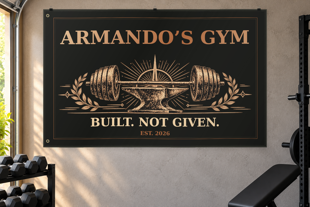 Iron Territory banner on a home gym wall; illustrative room mockup.