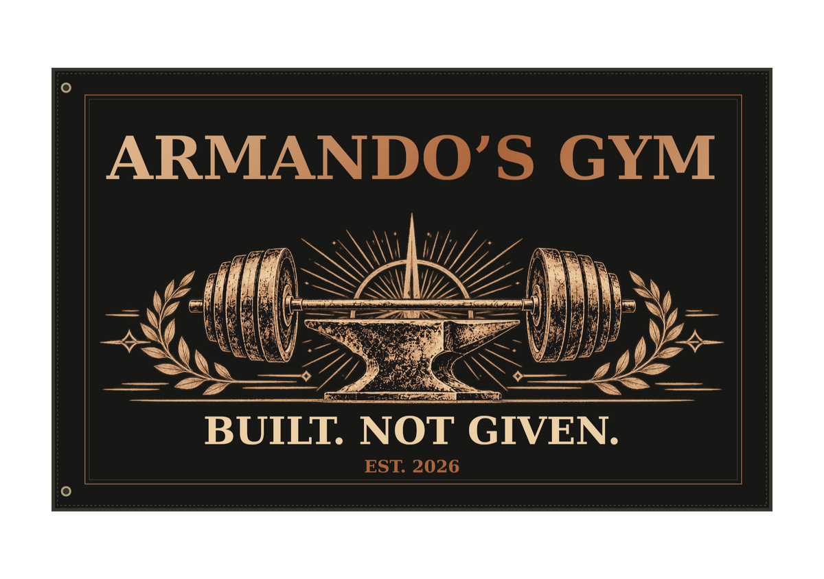Iron Territory personalized fabric gym banner in copper and charcoal; sample name ARMANDO, two left-edge grommets.