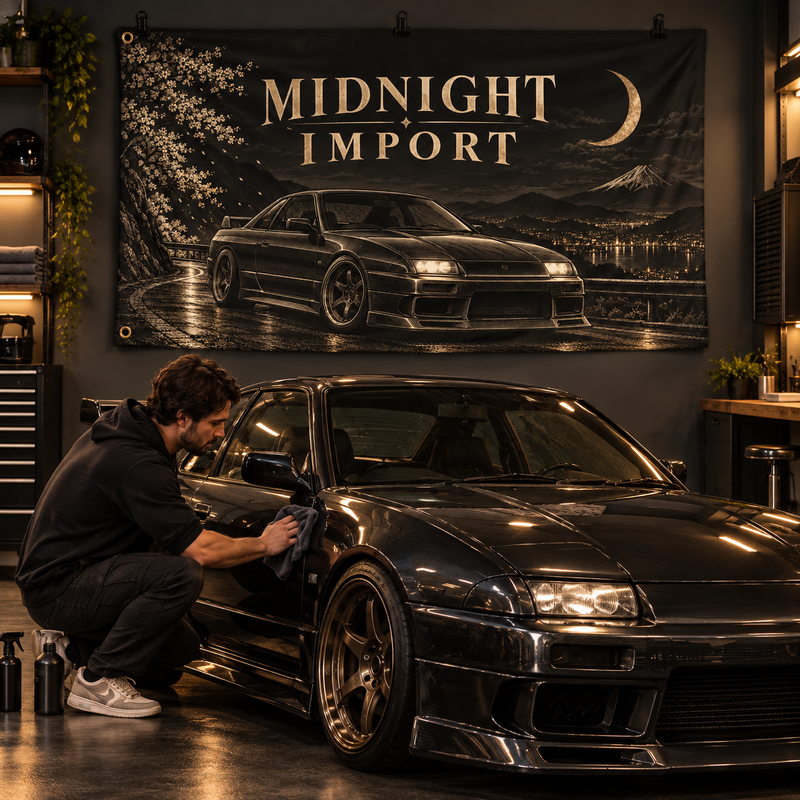 Midnight Import Banner in a styled lifestyle setting, with two grommets on one short edge; illustrative mockup.