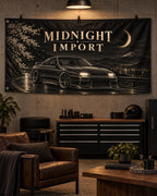 Midnight Import Banner displayed in a styled interior; illustrative mockup.