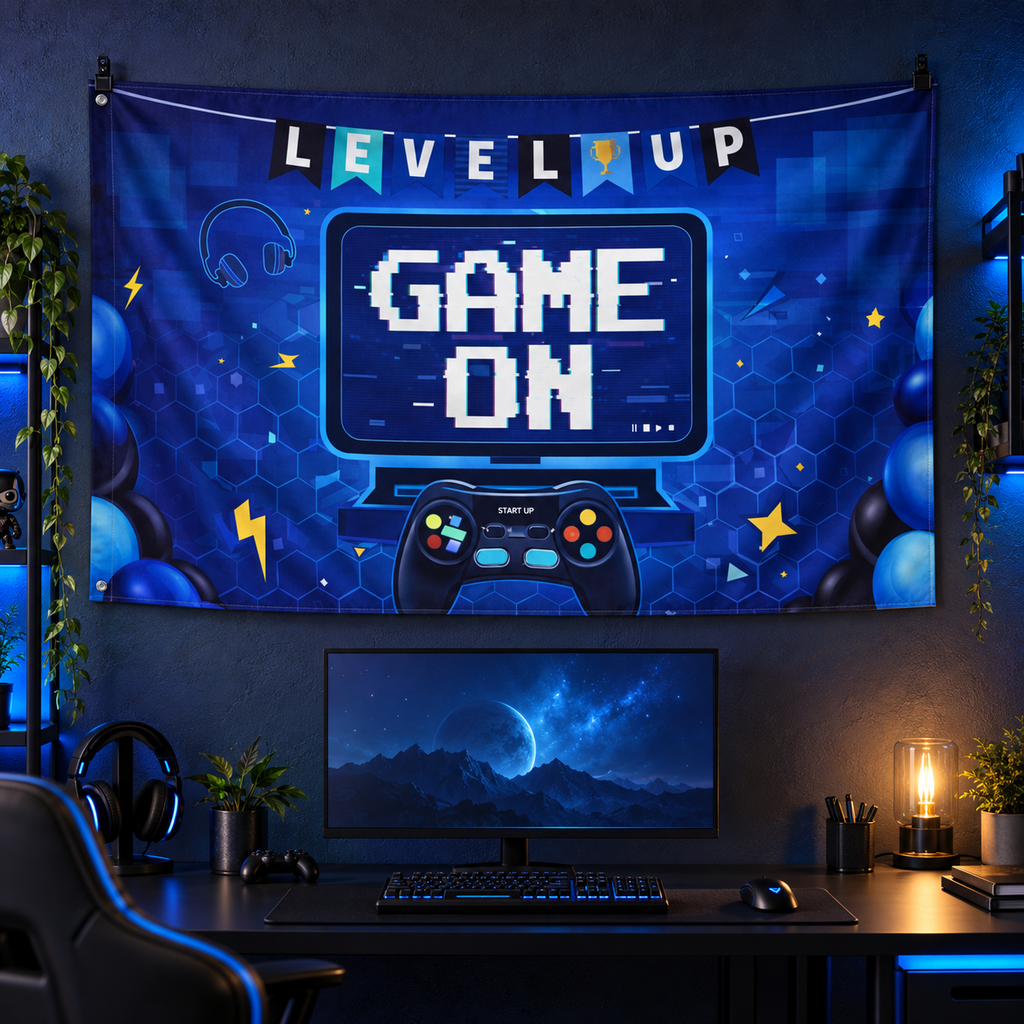 Game On Banner in a styled gaming room, with two grommets along the left short edge; illustrative mockup. Display clips and room props not included.