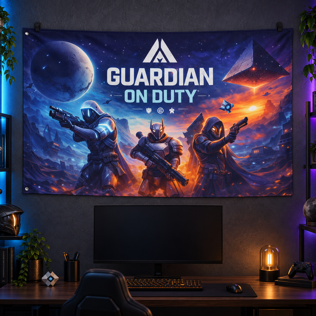 Guardian On Duty Banner in a styled gaming room, with two grommets along the left short edge; illustrative mockup. Display clips and room props not included.