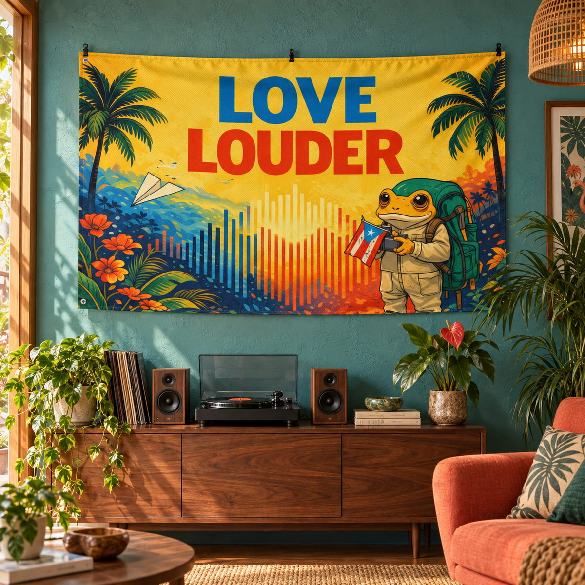 Love Louder Banner in a styled tropical lounge, with two grommets along the left short edge; illustrative mockup. Display clips and room props not included.