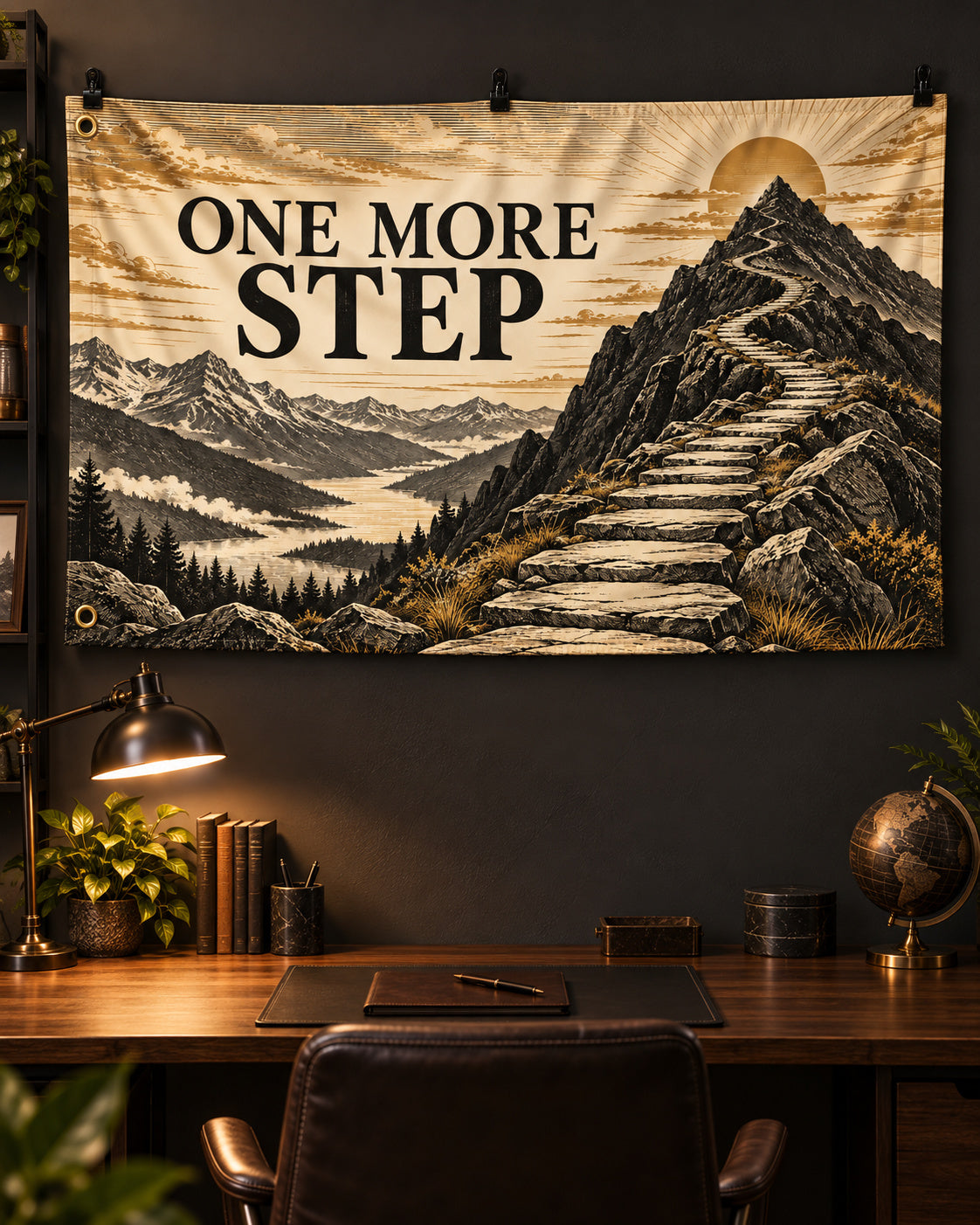 One More Step Banner displayed in a styled interior; illustrative mockup.