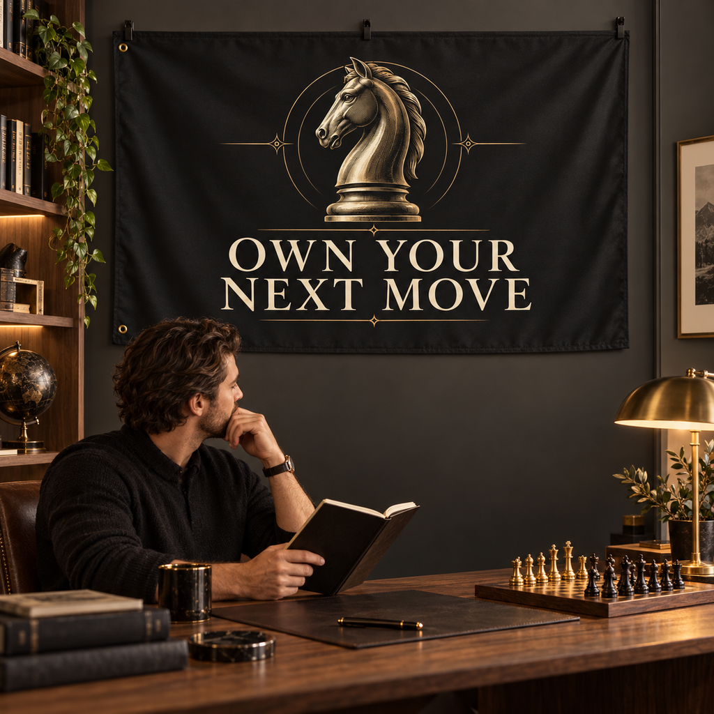 Own Your Next Move Banner in a styled lifestyle setting, with two grommets on one short edge; illustrative mockup.