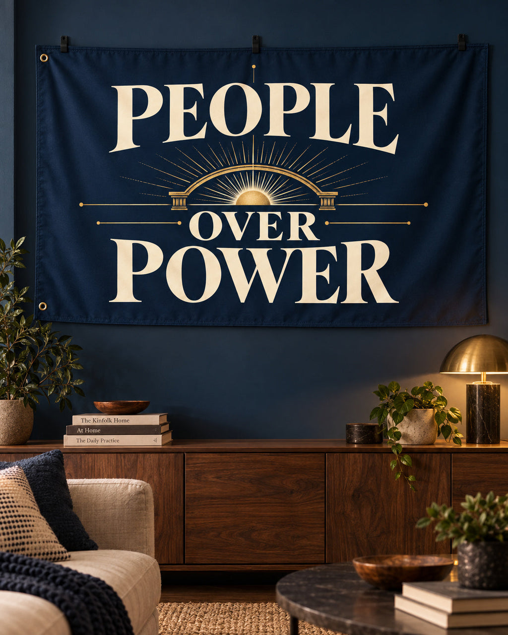 People Over Power banner styled in a warm living room; illustrative mockup.