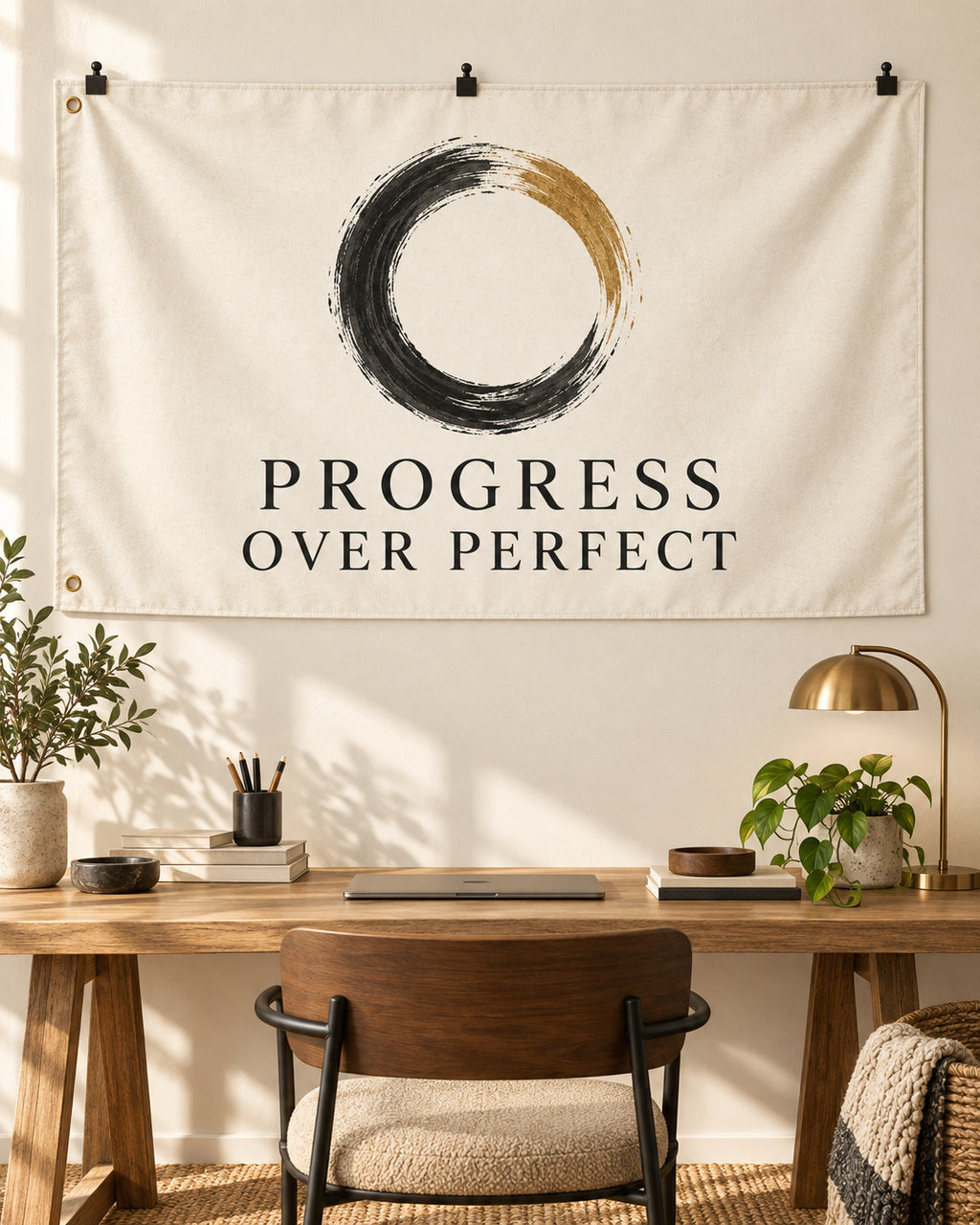 Progress Over Perfect Banner displayed in a styled interior; illustrative mockup.