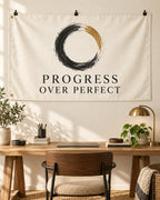 Progress Over Perfect Banner displayed in a styled interior; illustrative mockup.