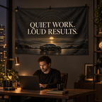 Quiet Work. Loud Results Banner in a styled lifestyle setting, with two grommets on one short edge; illustrative mockup.