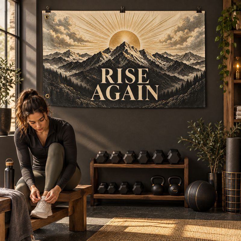 Rise Again Banner in a styled lifestyle setting, with two grommets on one short edge; illustrative mockup.