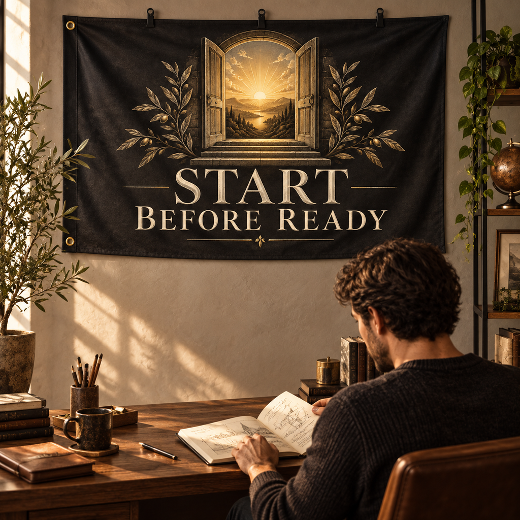 Start Before Ready Banner in a styled lifestyle setting, with two grommets on one short edge; illustrative mockup.