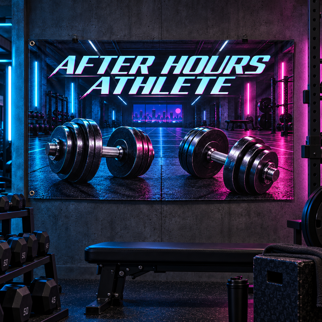 After Hours Athlete Banner in a styled gym; illustrative mockup with two grommets along the left short edge. Display clips and props not included.