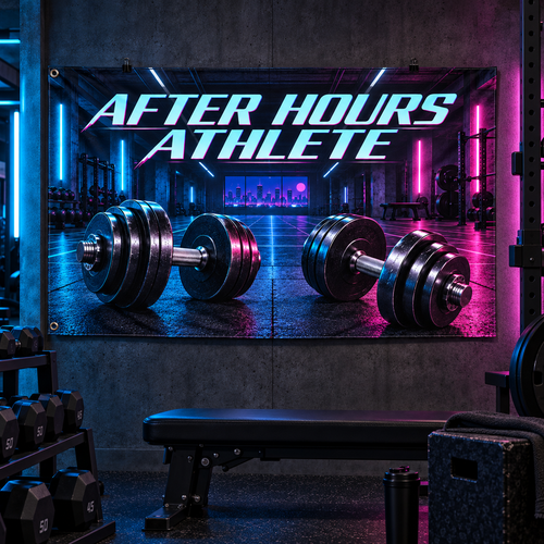 After Hours Athlete Banner in a styled gym; illustrative mockup with two grommets along the left short edge. Display clips and props not included.