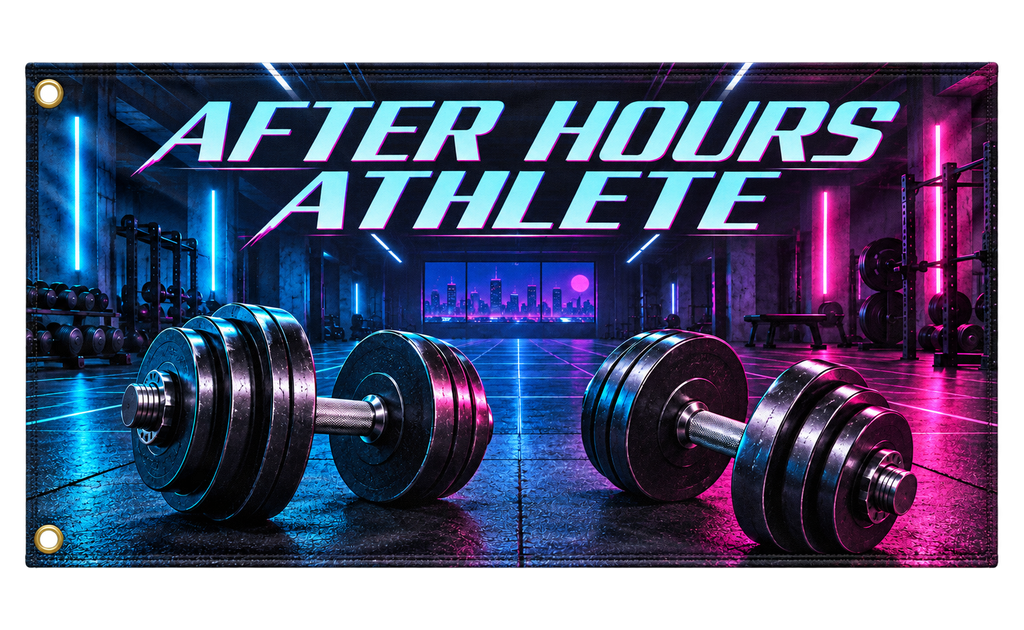 After Hours Athlete Banner, isolated on a transparent background, with two grommets along the left short edge.
