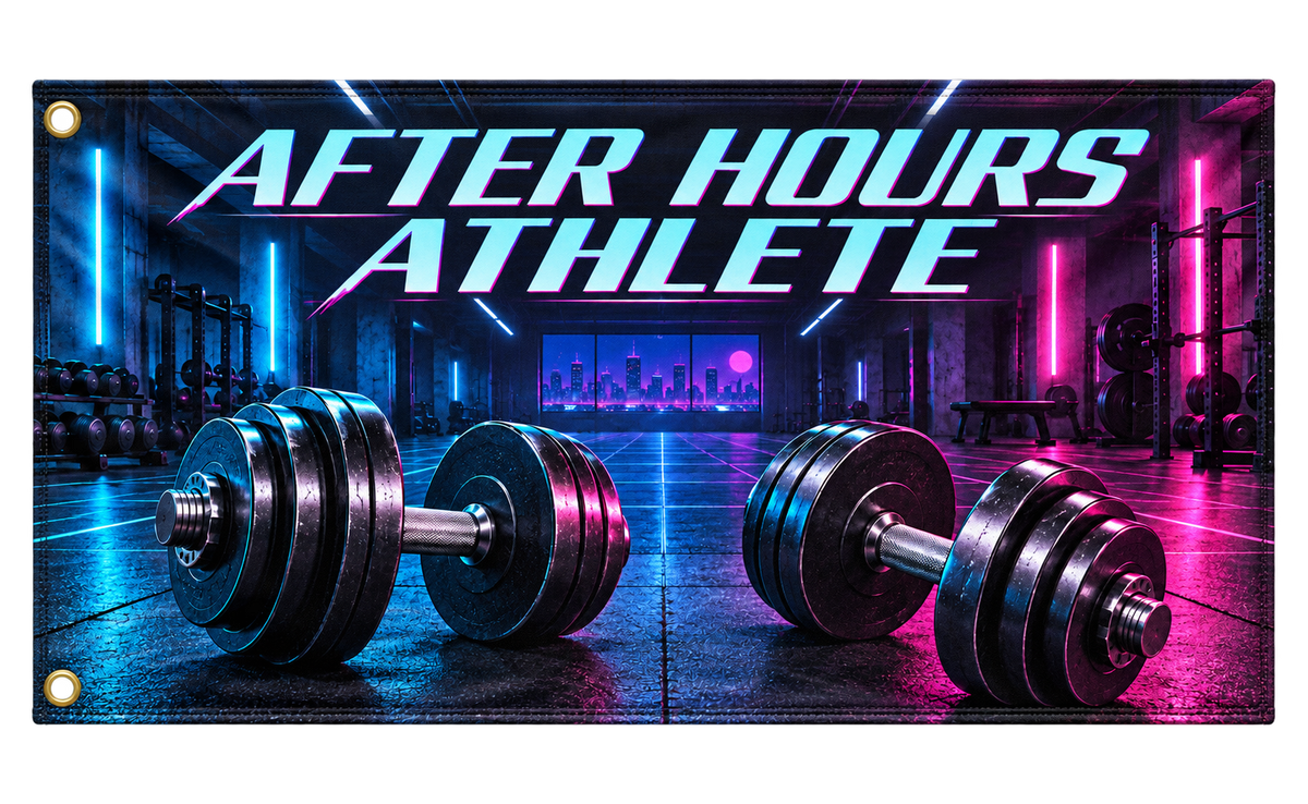 After Hours Athlete Banner, isolated on a transparent background, with two grommets along the left short edge.