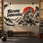 Become Unbreakable Banner in a styled gym; illustrative mockup with two grommets along the left short edge. Display clips and props not included.