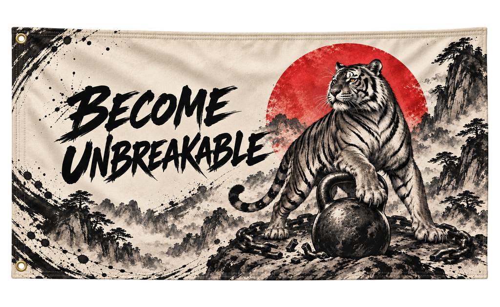 Become Unbreakable Banner, isolated on a transparent background, with two grommets along the left short edge.