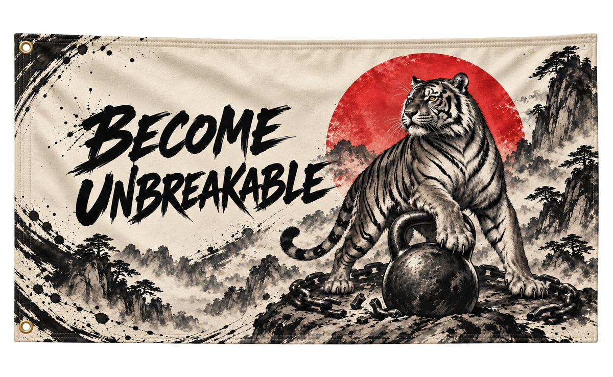 Become Unbreakable Banner, isolated on a transparent background, with two grommets along the left short edge.
