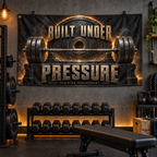 Built Under Pressure Banner in a styled gym; illustrative mockup with two grommets along the left short edge. Display clips and props not included.