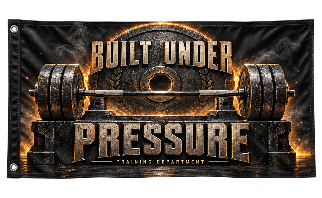 Built Under Pressure Banner, isolated on a transparent background, with two grommets along the left short edge.
