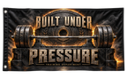 Built Under Pressure Banner, isolated on a transparent background, with two grommets along the left short edge.