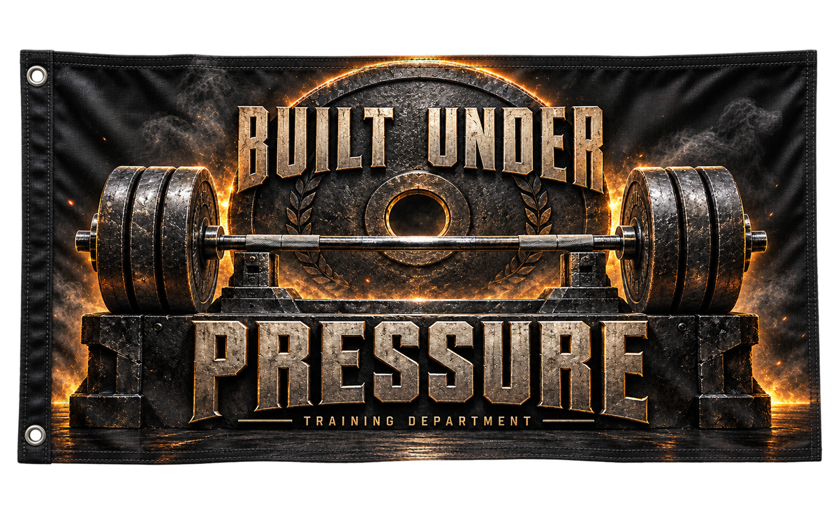 Built Under Pressure Banner, isolated on a transparent background, with two grommets along the left short edge.