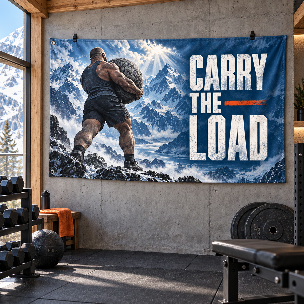Carry the Load Banner in a styled gym; illustrative mockup with two grommets along the left short edge. Display clips and props not included.