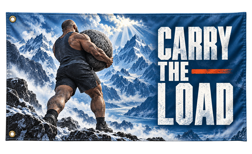 Carry the Load Banner, isolated on a transparent background, with two grommets along the left short edge.