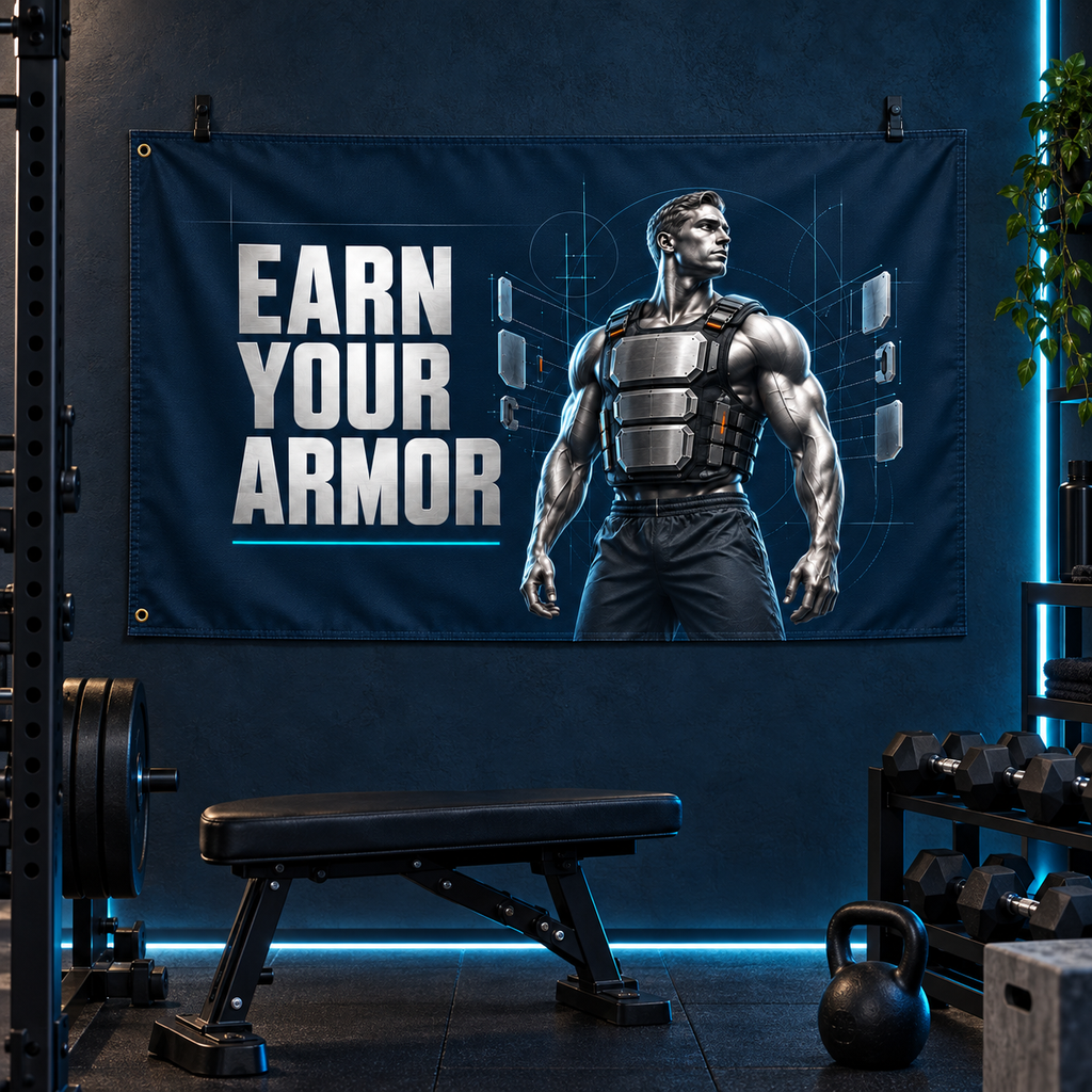 Earn Your Armor Banner in a styled gym; illustrative mockup with two grommets along the left short edge. Display clips and props not included.