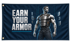 Earn Your Armor Banner, isolated on a transparent background, with two grommets along the left short edge.