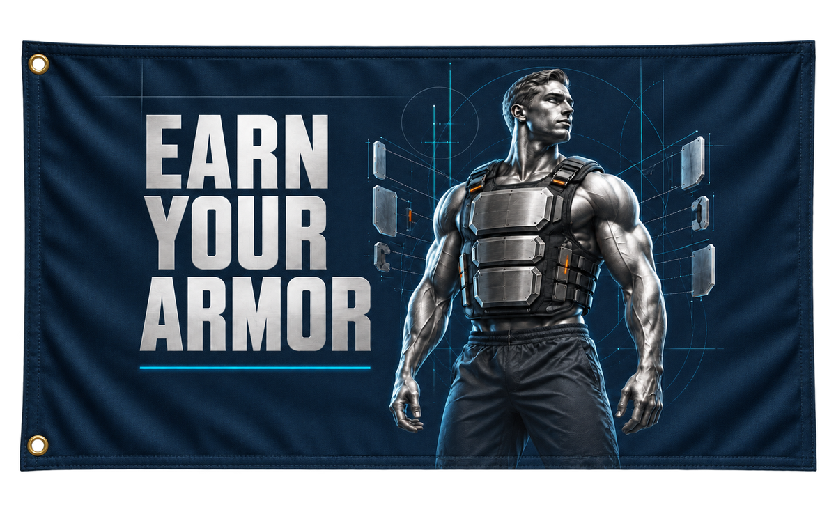 Earn Your Armor Banner, isolated on a transparent background, with two grommets along the left short edge.