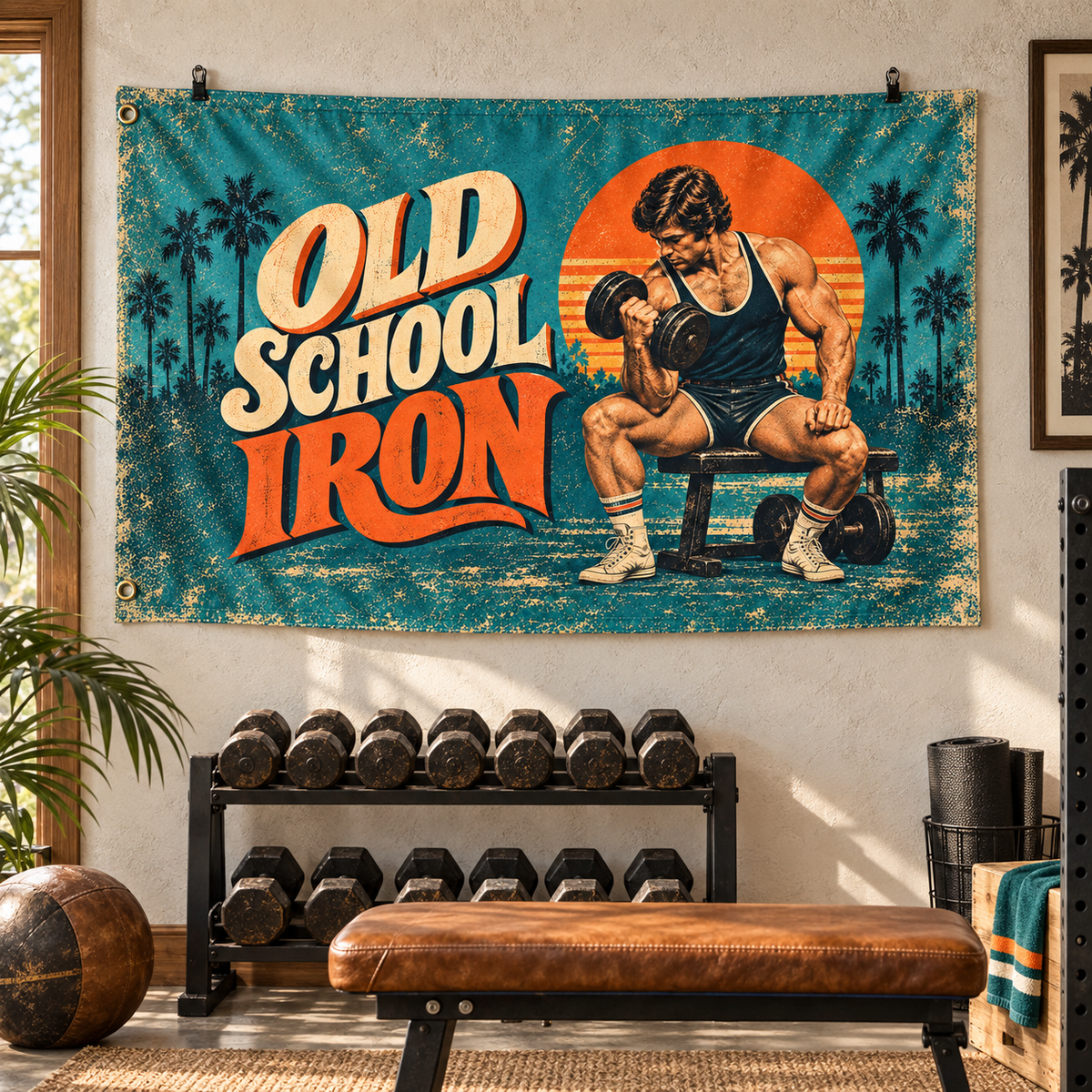 Old School Iron Banner in a styled gym; illustrative mockup with two grommets along the left short edge. Display clips and props not included.